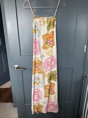Spaghetti-Strap Maxi Dress in White with Pink & Yellow Prints